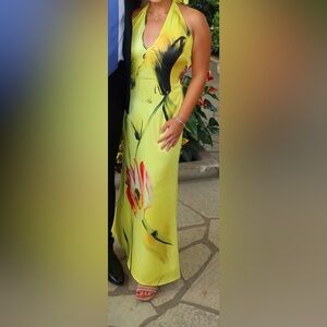 JW PEI Floral Satin Halter Dress - Yellow/Pink